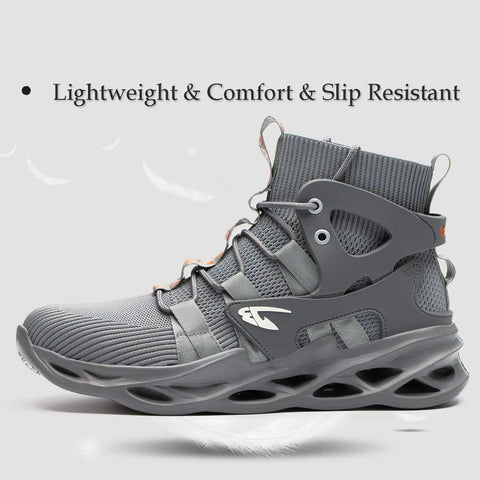 Steel Toe Work Boots For Tough Jobs Lightweight Breathable Construction Boots High Cut Gray 45 side view