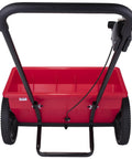 Rear view of Red 75Lb Drop Spreader for Lawn Care With 22 Inch Coverage, showcasing adjustable flow mechanism, sturdy wheels.
