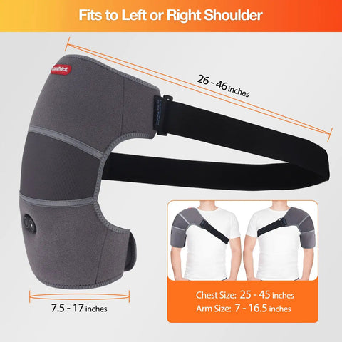 USB powered shoulder heating pad massager with vibration for rotator cuff pain relief fits left or right shoulder, size details shown