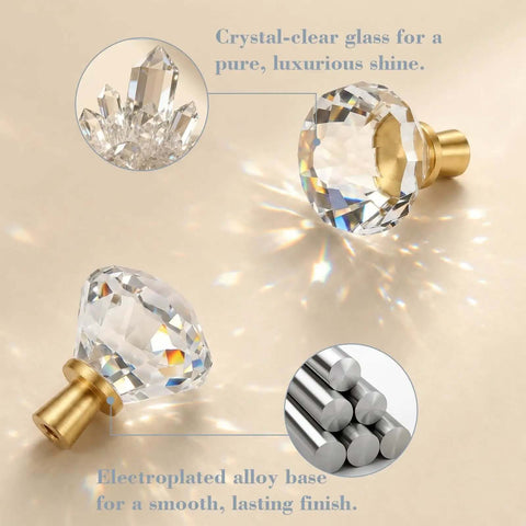 6 Pack Gold Tapered Diamond Cabinet Knobs With Clear Crystal Tops displaying electroplated alloy base and luxurious shine.