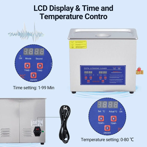 Six Point Five Liter Digital Ultrasonic Cleaner With Timer And Heater 40kHz 180W showing LCD display with controls
