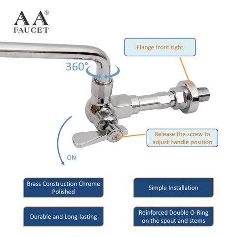 Wall Mount Commercial Manual Wok Range Faucet With 14 Inch Swing Spout, Brass Construction Chrome Polished, NSF Approved