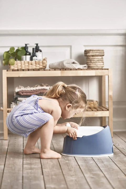 Totally Kid Approved Potty Training Chair Compact Travel Seat Super Smooth Cleanup Portable Bathroom Essential Sturdy Plastic Build Deep Blue White