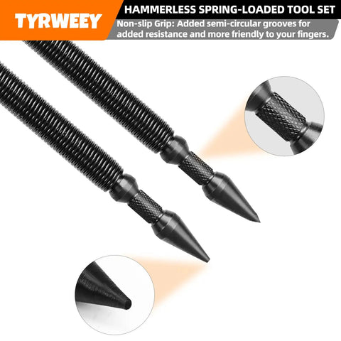 Hammerless spring-loaded tool set tips showing non-slip grip and semi-circular grooves for easy handling in carpentry projects.