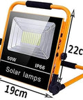 JUDYSSY Led Floodlight 50W Rechargeable Solar Work Light in yellow, showing dimensions 22cm x 19cm and waterproof features.