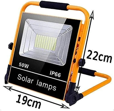 JUDYSSY Led Floodlight 50W Rechargeable Solar Work Light in yellow, showing dimensions 22cm x 19cm and waterproof features.