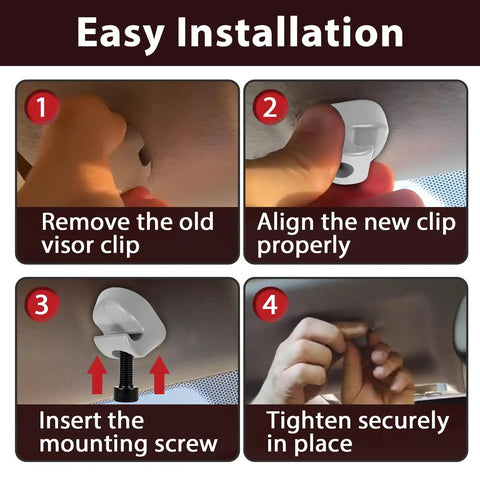 Installation steps for Sun Visor Clip Replacement Kit For Heavy Duty Trucks S16-1023-661 F01377-2, showing removal, alignment, insertion, and tightening.