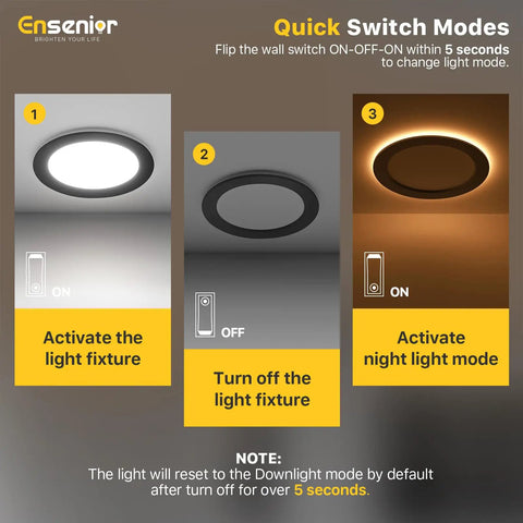 Ensenior 6 Pack 6 Inch LED Recessed Lights with Night Light, 5CCT 1100LM quick switch modes guide.