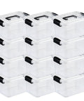 Stackable Plastic Storage Bins Set Clear 6 Quart Nestable Boxes With White Lids And Secure Latching Buckles 12 Pack