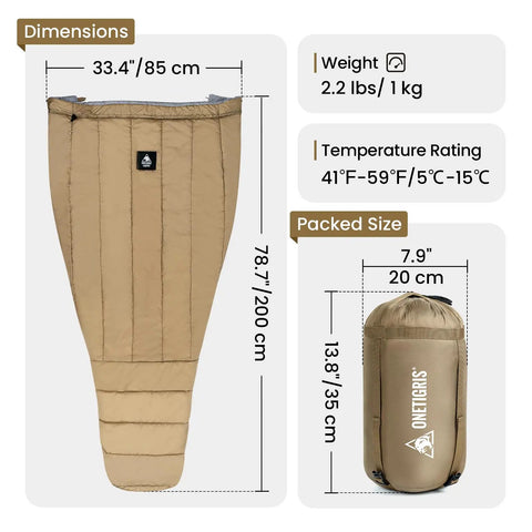Ultralight Sleeping Quilt For Backpacking And Hammock Camping, 40 Degree Warmth With Footbox, showing packed size and dimensions.