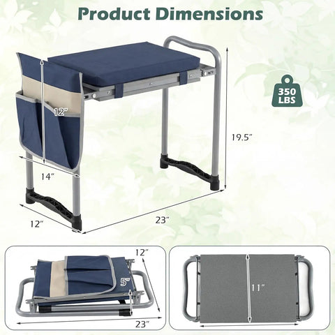 Rear view of Foldable Garden Kneeler And Seat With Two In One Design For Comfortable Weeding And Raised Bed Work Detachable EVA Foam Pad 350 Lbs Heavy Duty Metal Frame Tool Pouch Portable Stool For Seniors Blue showing dimensions and tool pouch.