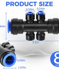 Eight Piece One Quarter Inch Drip Irrigation 6 Way Splitter Connector Kit showing dimensions and size for DIY lawn and garden setup