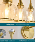 Close-up of gold three light vanity light over mirror with clear glass shades, 22.4 inch wall sconce bath fixture