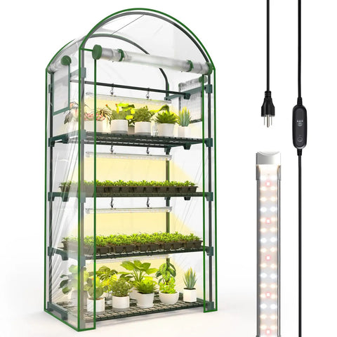 Space Saving Indoor Greenhouse With Grow Lights Four Tier Mini Grow Tent With Timer Zippered PVC Cabinet For Indoor Plants