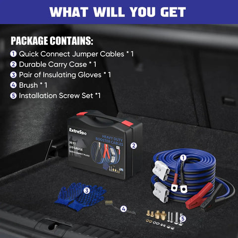2/0 Gauge Heavy Duty Jumper Cables 30 Ft With Quick Connect, 1500 Amp Booster Cables for 12V and 24V Cars SUVs Trucks, full kit items