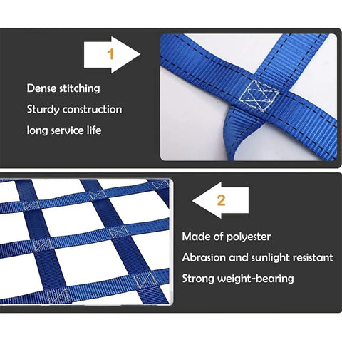 Close-up of dense stitching on blue Beefy Heavy Duty Polyester Lifting Net With Four Slings For Outdoor Cargo Hoisting