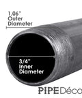 Close-up of Black Steel Plumbing Pipe 3/4 Inch By 18 Inch Pre Cut 4 Pack showing outer and inner diameter for DIY furniture projects.