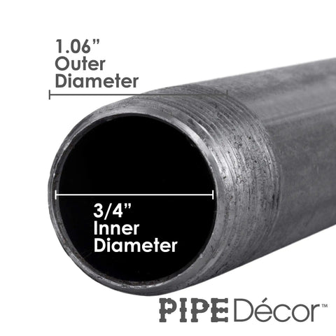 Close-up of Black Steel Plumbing Pipe 3/4 Inch By 18 Inch Pre Cut 4 Pack showing outer and inner diameter for DIY furniture projects.