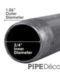 Close-up of Three Quarter Inch By Ten Inch Black Steel Pipe showing 3/4 inch inner diameter and threaded end for DIY projects.