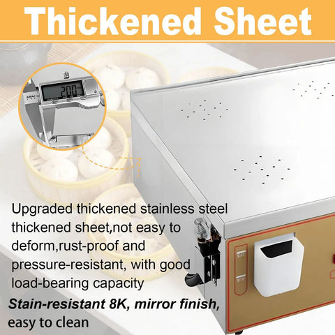 Close-up of Boss-Grade Commercial Steamer for Cooking with stainless steel sheet and control display, showing robust build.
