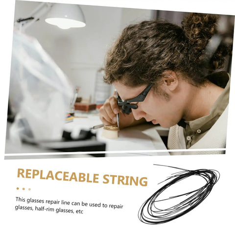 Person using eyeglass repair string for half-frame glasses scratch resistant maintenance tool at workbench.