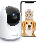 Indoor Pet Camera For Home, Baby Monitor And Dog Camera With Night Vision next to smartphone with pets on screen