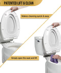 Heavy Duty White Elongated Toilet Seat Featuring Smooth Operator Slow Close Hinges That Never Slam Easy Wipe Clean Surfaces For Daily Grind Built Sick Strong Fits Any Universal Bowl Like A Charm with hands showing cleaning method.