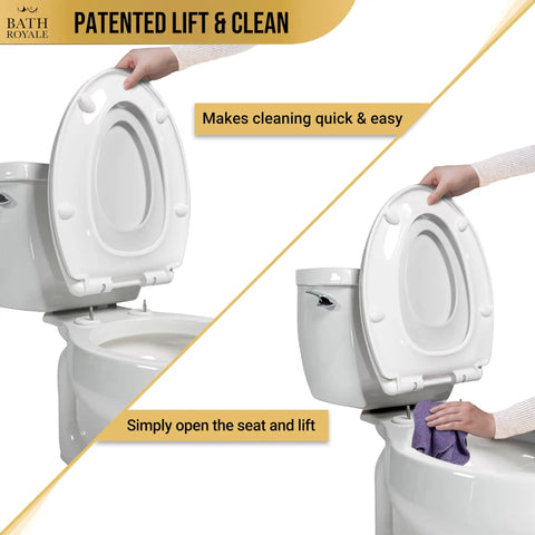 Heavy Duty White Elongated Toilet Seat Featuring Smooth Operator Slow Close Hinges That Never Slam Easy Wipe Clean Surfaces For Daily Grind Built Sick Strong Fits Any Universal Bowl Like A Charm with hands showing cleaning method.