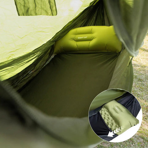 Interior view of 4 In 1 Camping Hammock Tent With Rain Fly And Mosquito Net For Adults, showing green mattress setup.