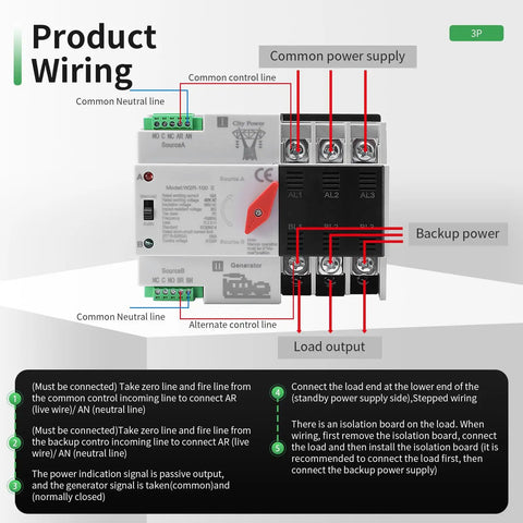 100 Amp 220V Automatic And Manual Transfer Switch 3 Pole Din Rail Mounted Dual Power ATS For Home And RV Solar Ready Auto Changeover Fast Transfer Lightweight Compact Design wiring diagram