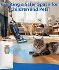 Living room with a person vacuuming, pet dog and cat, showcasing 10 Pack 204814 Filter Plus Vacuum Bags Compatible With Avalir Sentria.