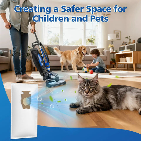 Living room with a person vacuuming, pet dog and cat, showcasing 10 Pack 204814 Filter Plus Vacuum Bags Compatible With Avalir Sentria.