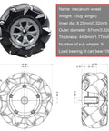 97mm mecanum wheel close-up; black tire with silver hub, with front and side drawings of a 4WD robot chassis kit.