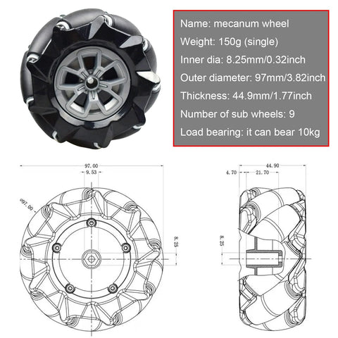 97mm mecanum wheel close-up; black tire with silver hub, with front and side drawings of a 4WD robot chassis kit.