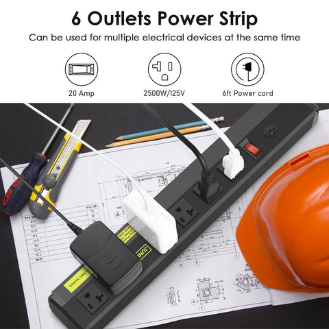 Built Tough Heavy Duty 20 Amp Power Strip With 6 Widely Spaced Outlets next to an orange hard hat and tools on a workbench