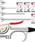 Four Sets Industrial Air Blow Gun Kits With Adjustable Nozzles And Steel Tips For Pneumatic Tools Built Tough To Kick Dirt And Debris Out Fast, featuring chrome gun and steel nozzles.