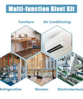 Multi-function rivet kit usage examples in furniture, air conditioning, refrigeration, elevators, and electromechanical fields.