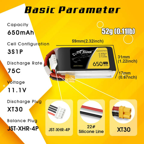 Pro Grade 11.1V 650mAh 75C 3S1P LiPo Battery Pack With XT30 Plug For 90 To 180 Size Drones, specification diagram in yellow