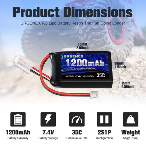 2S 7.4V 1200mAh LiPo RC Battery With PH2.0 Plug, dimensions and features displayed, suitable for most 1 to 24 scale cars and trucks