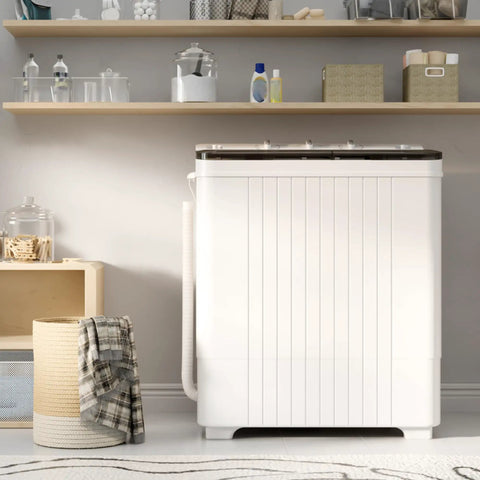 Portable Twin Tub Washing Machine Featuring A 28 Lb Washer And Spin Dryer Combo For Straight Up No Sweat Laundry Simultaneous Wash And Spin Cycle Compact Design For Busy Households in a laundry setting.