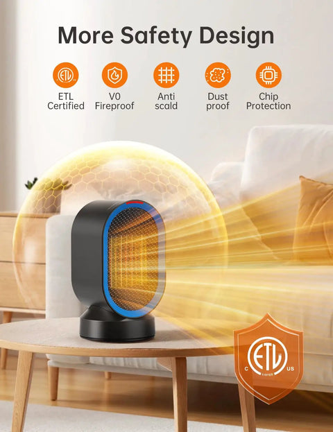Compact 600W PTC Ceramic Space Heater With 45 Degree Oscillation for fast indoor heating, safety design features on display.