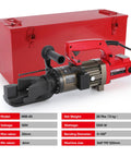 PEResQ Electric Hydraulic Rebar Bender, 1200W Portable Steel Bar Bending Machine For Concrete Work shown with red toolbox.