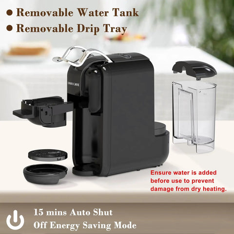 3 in 1 Espresso Maker For Nespresso Pods Lavazza Blue and Expert Capsules Plus Ground Coffee 19 Bar Pressure with removable tank