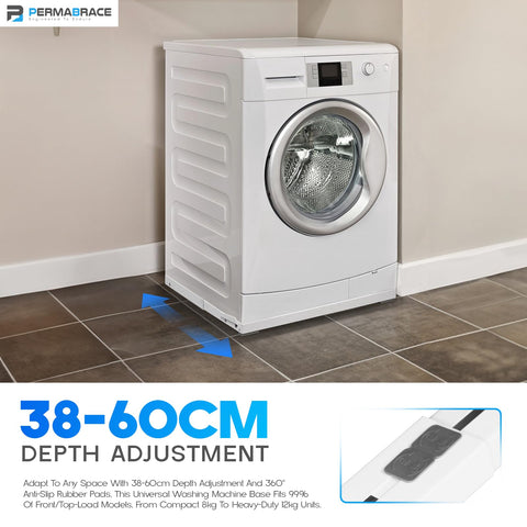 Heavy Duty Washing Machine Stand With Wheels For Front Load And Top Load, Beefed Up Anti Vibration Base, 250 Kg Capacity, Retractable Brakes, Adjustable Depth From 38 To 60 Cm, White