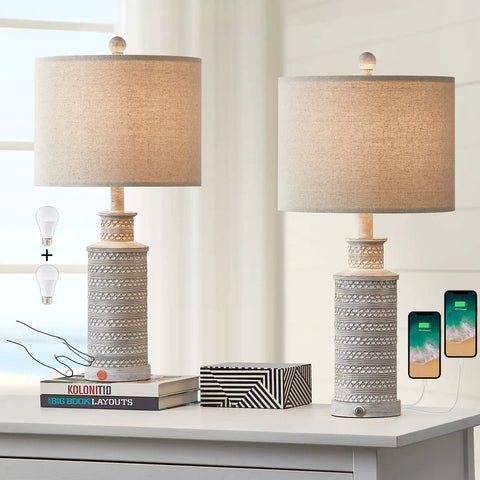 3 Way Dimmable Touch Control Table Lamp Set of 2 With USB Charging Ports for Bedroom and Living Room Vintage Rustic Farmhouse Nightstand Lamps Bulbs Included displayed on a white table with books and phones charging.