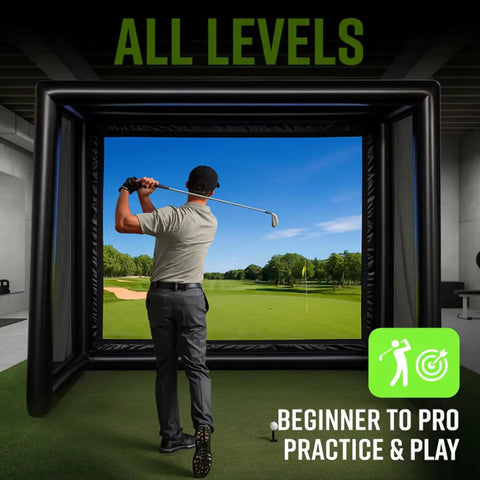 Golfer using Portable Indoor Golf Practice Enclosure With Airtight PVC Screen Cage For Garage Or Backyard, quick inflate setup.
