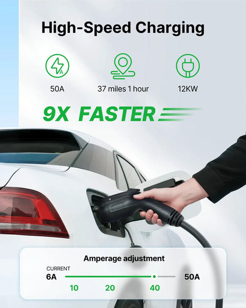 Level 2 EV Charger Up To 50 Amp 240 Volt Hardwired Indoor Outdoor Fast Charging Station With Flexible 25 Foot Cable in use