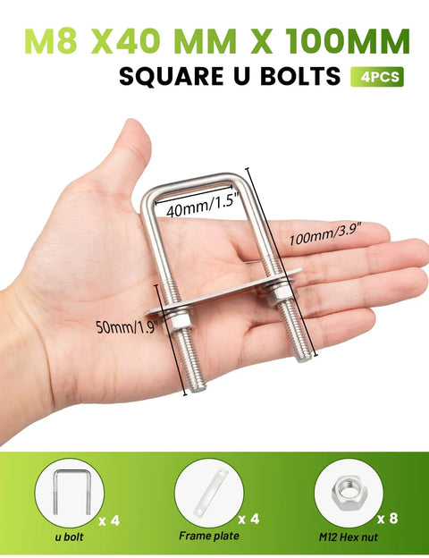 "Four Pack M8 X 40 X 100 Square U Bolts Kit In 304 Stainless Steel With Nuts Lock Washers Flat Washers And Mounting Plates 1.5 Inch Wide" held in hand, showing dimensions for secure installations.