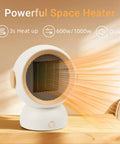 Tiny But Mighty Ceramic Space Heater With 1200W Quick Heat Two Modes Ultra Quiet Personal Heater For Home Office Or Bedroom Under Desk Keeps A Cozy 300 Sq Ft Warmth White, on wooden table with orange heat rays visible