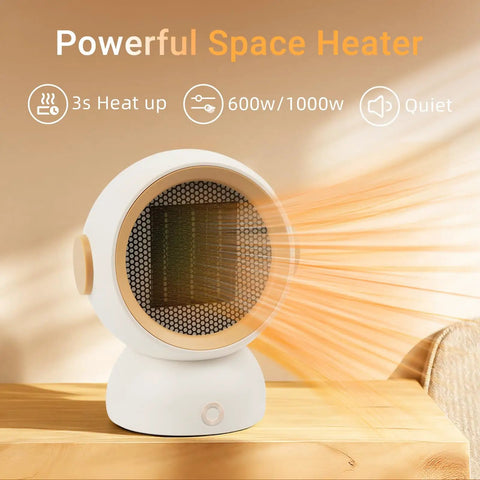 Tiny But Mighty Ceramic Space Heater With 1200W Quick Heat Two Modes Ultra Quiet Personal Heater For Home Office Or Bedroom Under Desk Keeps A Cozy 300 Sq Ft Warmth White, on wooden table with orange heat rays visible